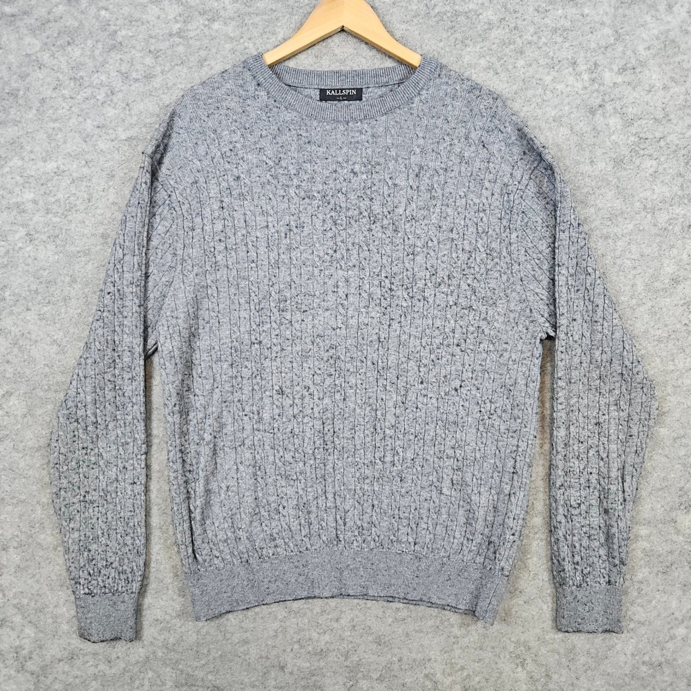 Kallspin Men's Gray Cable Knit Pullover‎ Sweater Size L Wool Blend Warm Winter